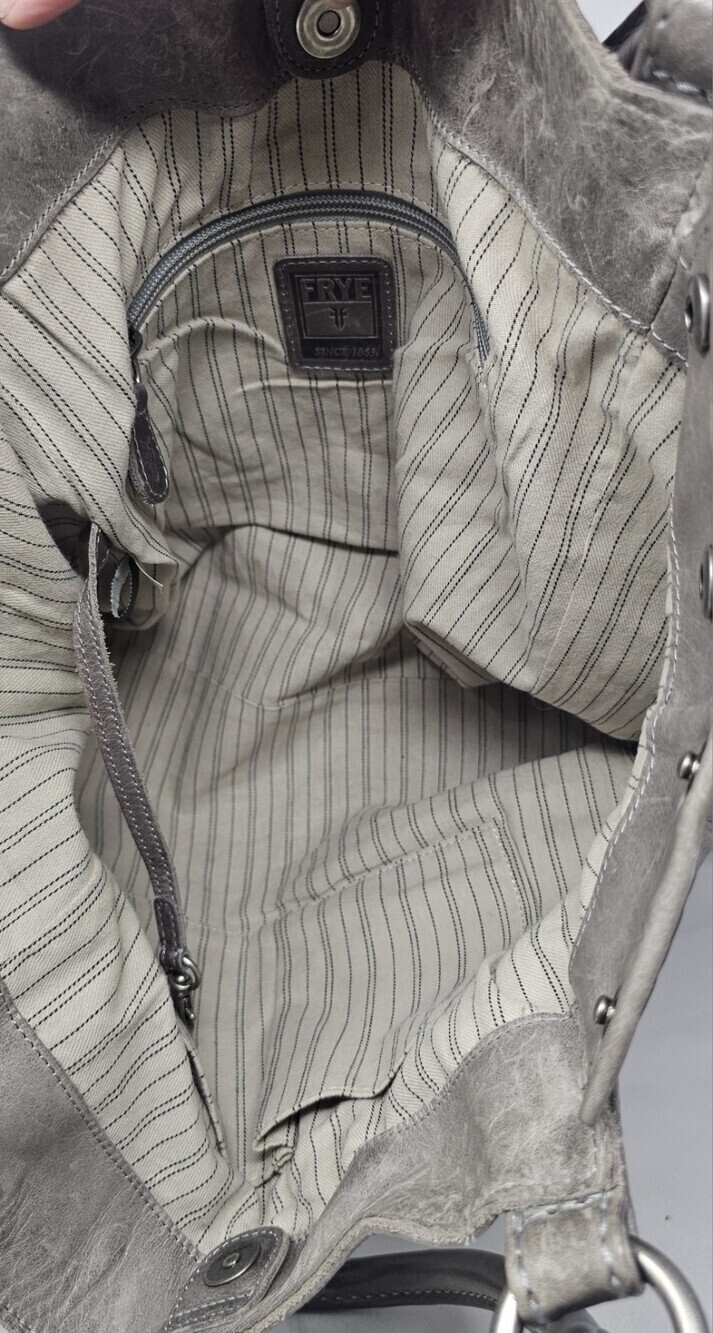 Frye Melissa Distressed Leather Ice Gray Hobo Shoulder Tote Bag Excellent - Picture 7 of 16